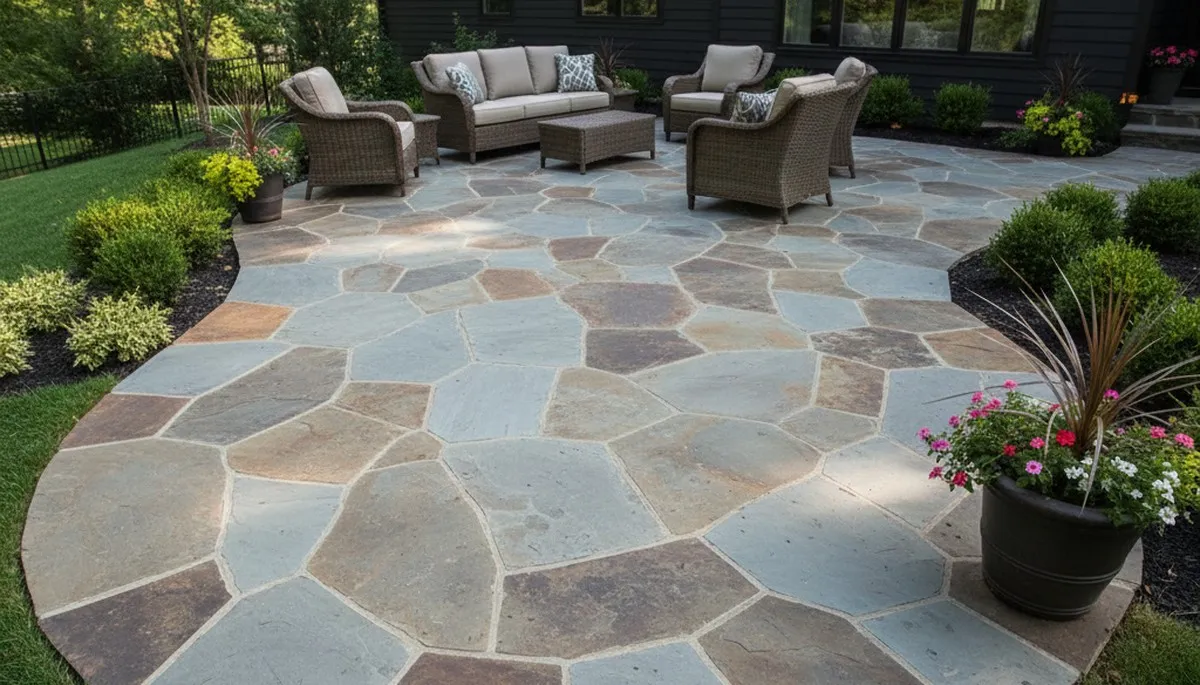 Modern large format stone slab patio by professional landscapers in Pittsburgh, PA