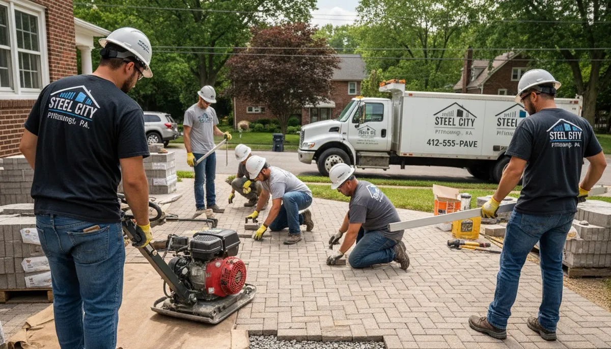 Professional crew installing driveway pavers in Pittsburgh, PA with precise leveling and base preparation