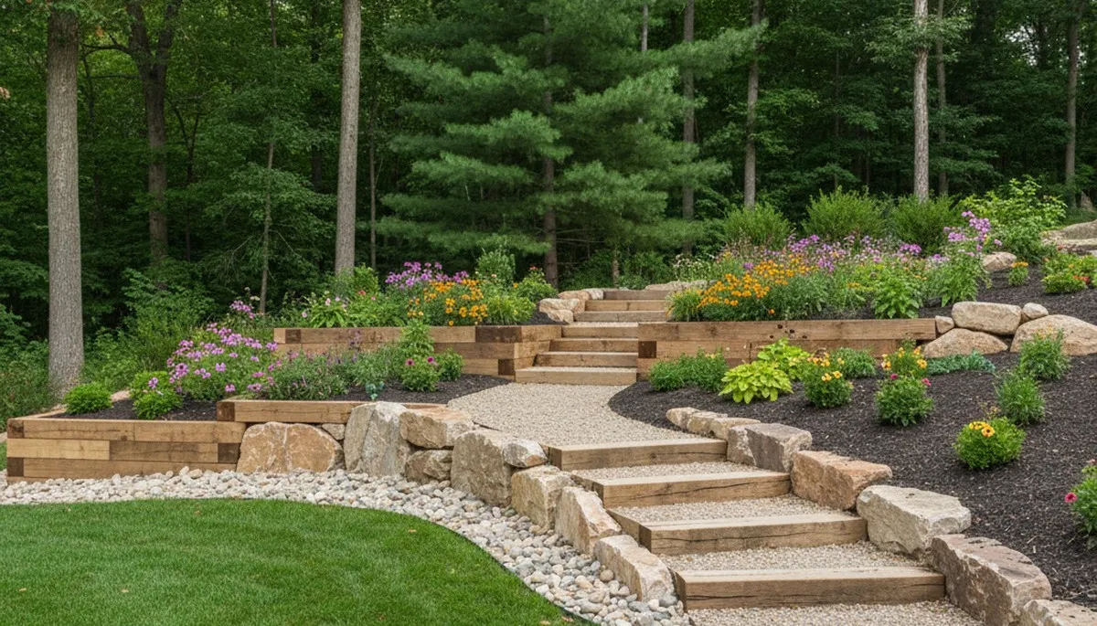 Terraced garden with timber steps and native plants by professional landscapers in Mc Kees Rocks, PA